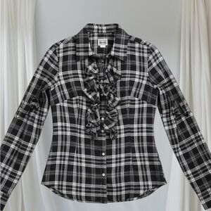 VINTAGE Converse Black and White Plaid Blouse with Ruffle Detail Sz S EPOC
